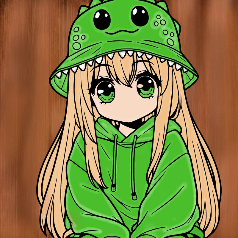 girl with anime shaped eyes with a dinosaur bucket hat oversized sweatshirt long straight hair