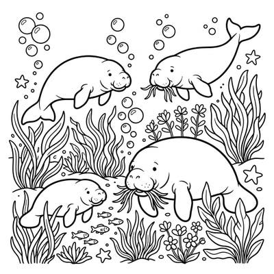 Explore the gentle world beneath the waves with this charming coloring page featuring friendly manatees and dugongs enjoying their favorite seagrass snack. Designed for young artists, this scene invites kids to bring vibrant colors to life in a fun, educational underwater adventure.