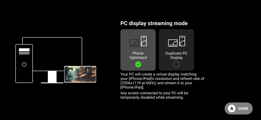 Razer PC Remote Play - Pantalla de la aplicación Razer PC Remote Play mostrando opciones de modo de transmisión de pantalla de PC, incluyendo pantalla optimizada para teléfono y pantalla duplicada.