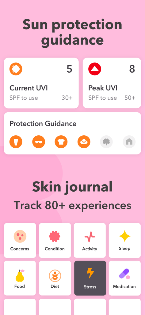 Skincare Routine: BasicBeauty - BasicBeauty app screen showing sun protection UV guidance and skin journal tracking features