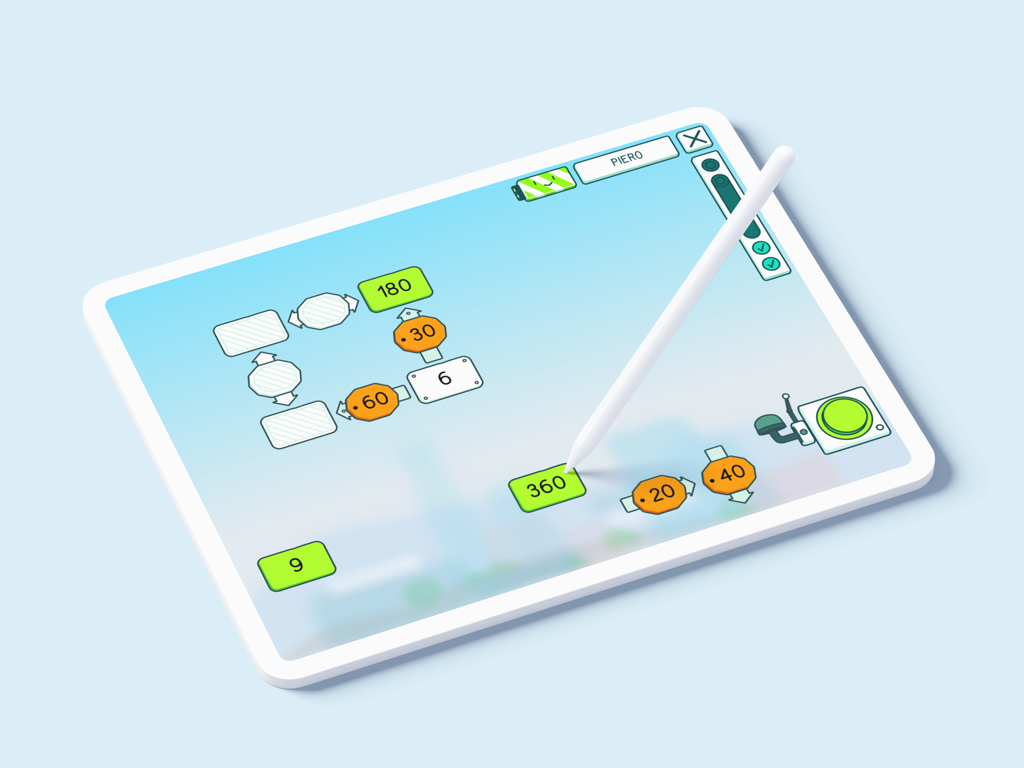A child solves interactive math puzzles on an iPad using a stylus within the appolino educational app.