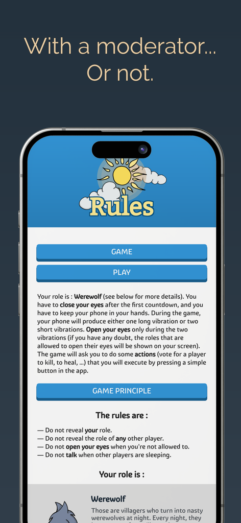A mobile screen showing the game rules and instructions for the Werewolf role in the Mobile Werewolf app.