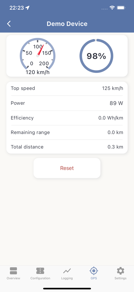 SmartBMS Utility GPS dashboard displaying speed and battery status