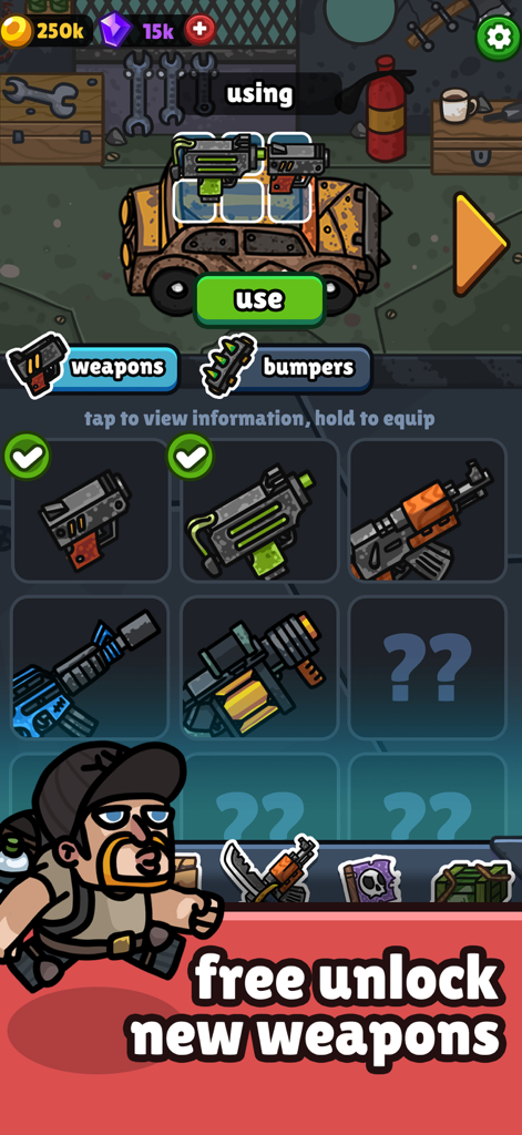 Undead Shooter: Idle Highway - Pantalla de personalización de armas en Undead Shooter Idle Highway mostrando varias armas para equipar en un vehículo