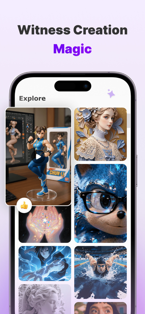 Aitubo: AI Video Generator - Aitubo app explore screen featuring a gallery of AI generated images and video previews in various artistic styles