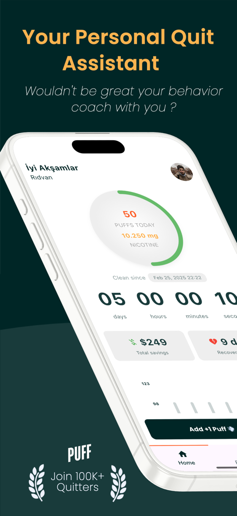 Panel de la aplicación Puff Counter AI que muestra recuentos de vapeos, seguimiento de nicotina y ahorros para ayudar a los usuarios a dejar de vapear.