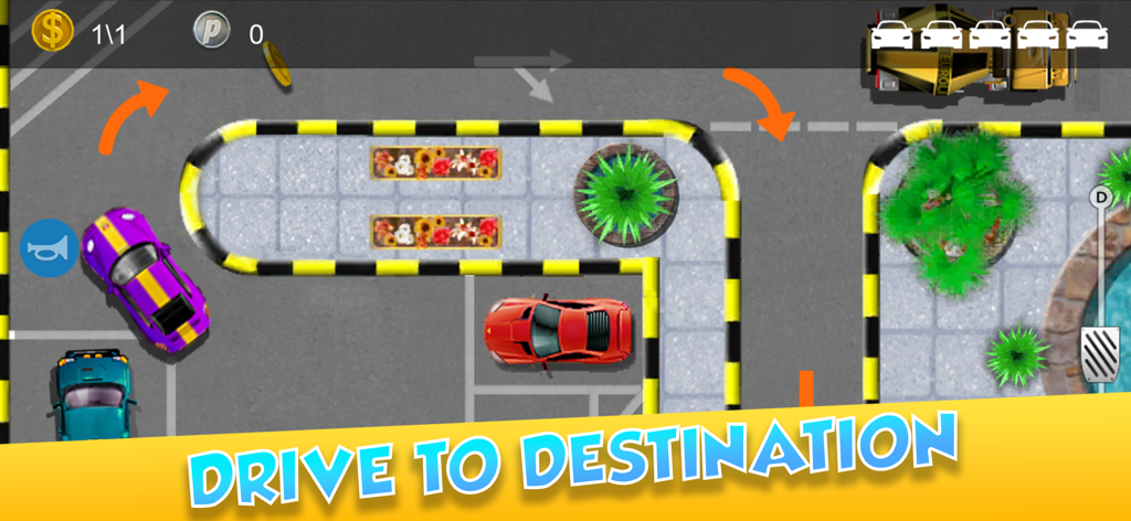 A top down view of cars navigating a parking lot with the text Drive to Destination