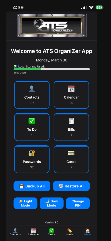 ats-organizer-app - ATS OrganiZer app main screen showing icons for contacts, calendar, to-do list, bills, passwords, and cards with local storage usage bar
