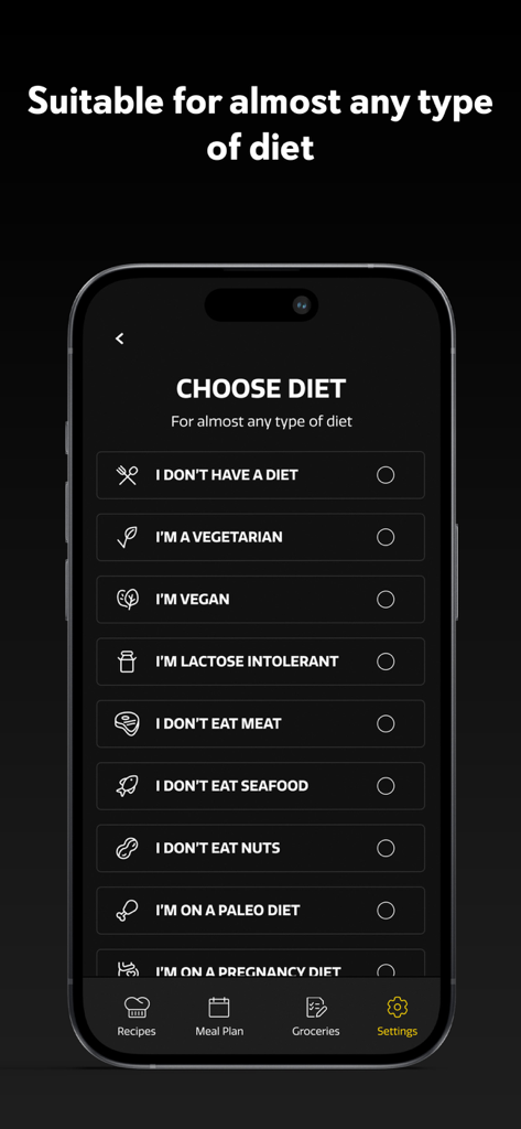 Diet selection screen in the 90 Meal Plans app offering various dietary preferences like vegan and vegetarian