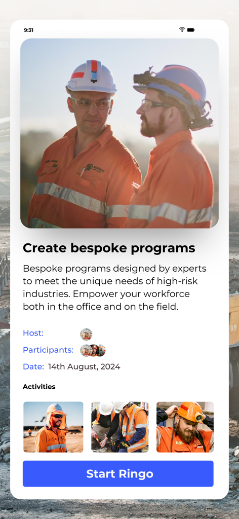 Ringo. - 産業労働者向けのカスタム安全およびリーダーシッププログラムを表示するRingoアプリ画面