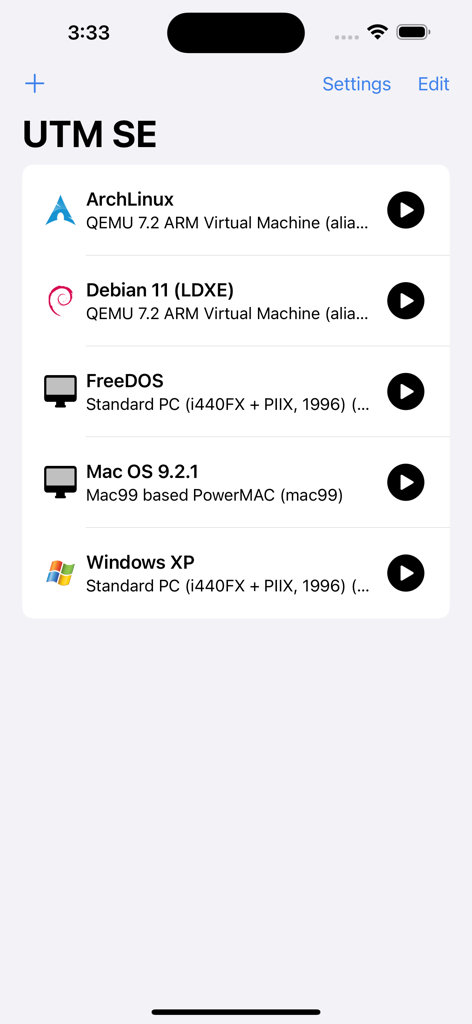 UTM SE app interface showing a list of virtual machines including Windows XP and Linux
