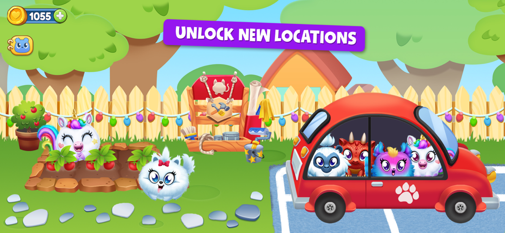 Town Pets: Hatch & Grow - Coloridas mascotas virtuales en un coche rojo y una escena de jardín del juego móvil Town Pets