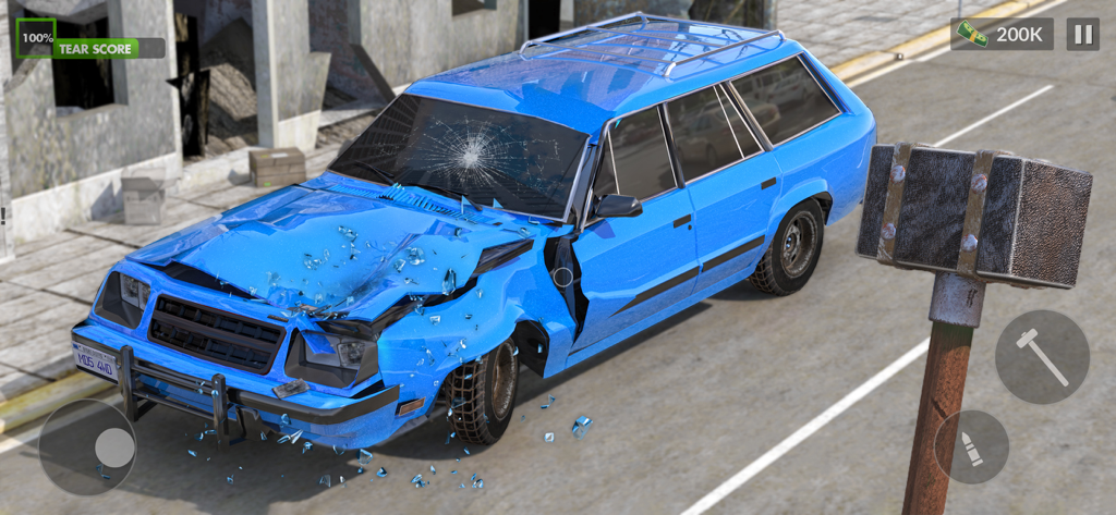 Um carro azul a ser esmagado por um martelo numa máquina de demolição de cidades