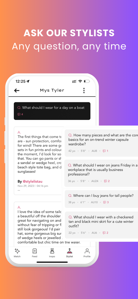 Mys Tyler: Fashion that fits - Interfaccia dell'app Mys Tyler che mostra la funzione Chiedi ai nostri stilisti con consigli di moda personalizzati e domande di stile specifiche per il corpo