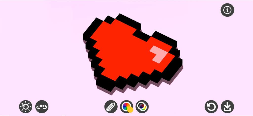 Pixel Draw 3D - Ein rotes 3D-Voxel-Herz, erstellt mit der Pixel Draw 3D App-Oberfläche.