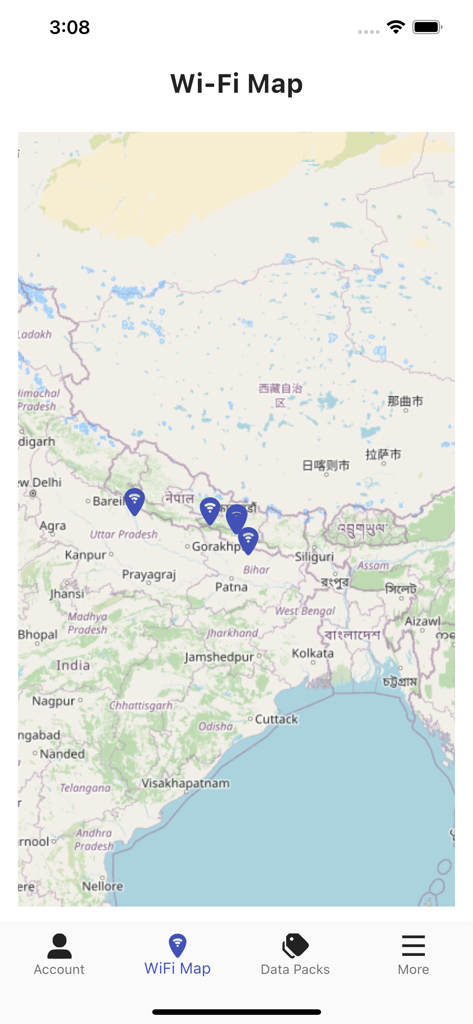 Capture d'écran de l'application WorldLink Wi-Fi montrant une carte avec des zones Wi-Fi Express disponibles dans tout le Népal et certaines parties de l'Inde.