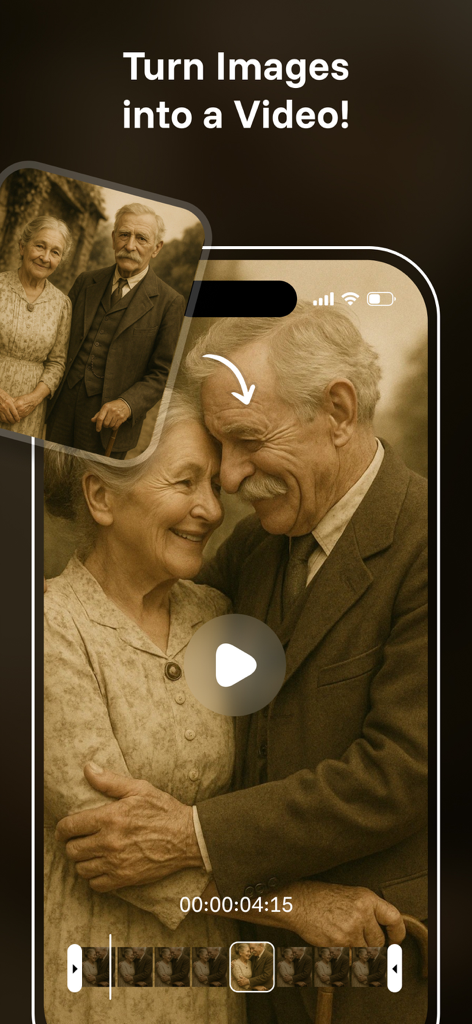 Lisa AI app interface showing a vintage photo of an elderly couple being converted into an animated video