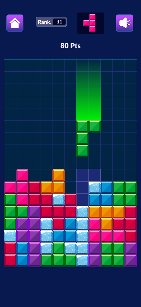 Block puzzle pro Gem for watch - Jogabilidade de Block Puzzle Pro Gem mostrando blocos coloridos em uma grade com uma peça verde caindo