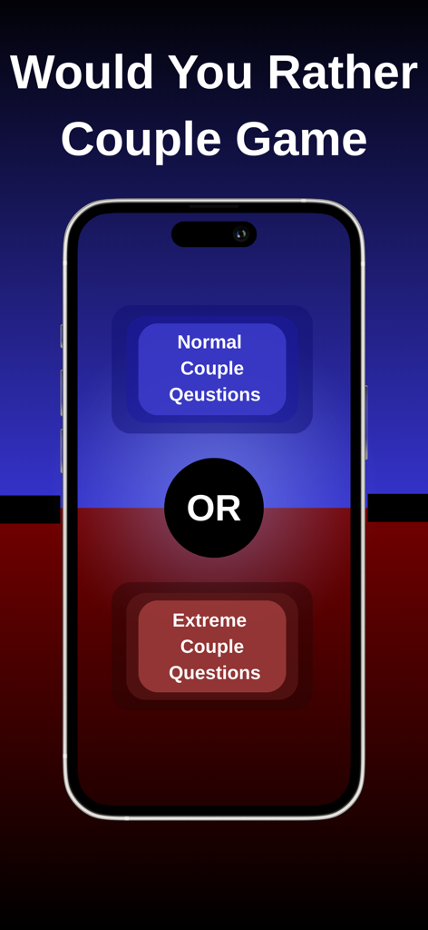 Una pantalla de smartphone que muestra el Juego de Parejas '¿Qué Prefieres?' con opciones para Preguntas Normales de Parejas y Preguntas Extremas de Parejas