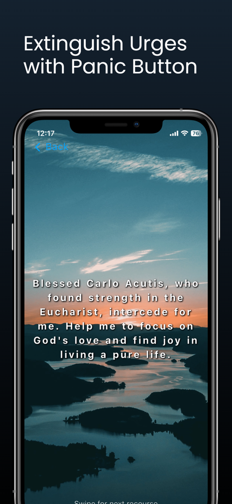 Saint Steps app panic button screen with a prayer to Blessed Carlo Acutis
