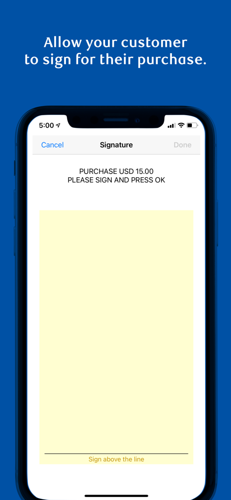 Digital signature screen for a purchase on the RBC EZPay 2.0 mobile app