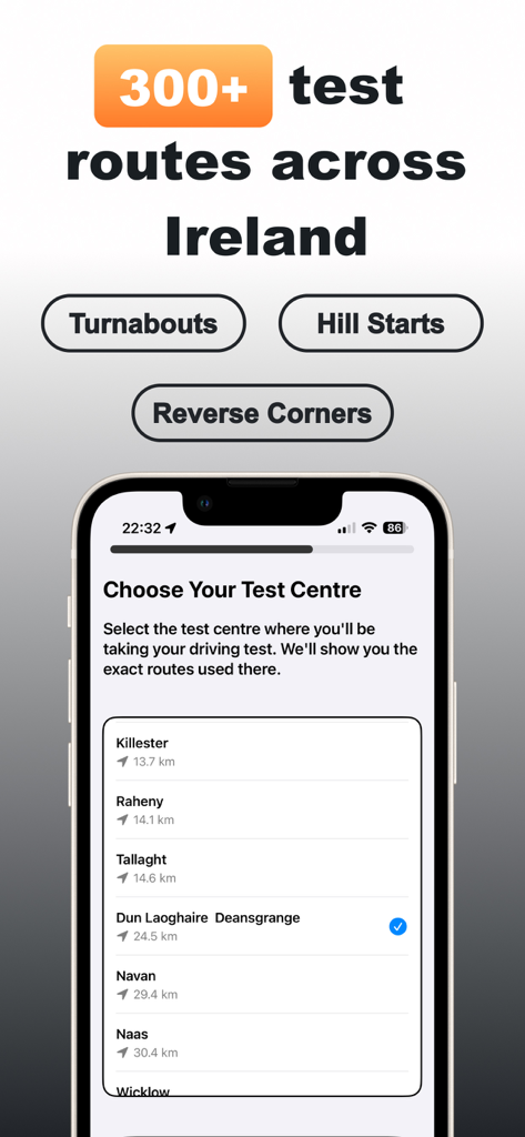 Mobile app screen showing a selection of Irish driving test centers like Raheny and Tallaght for practice routes.