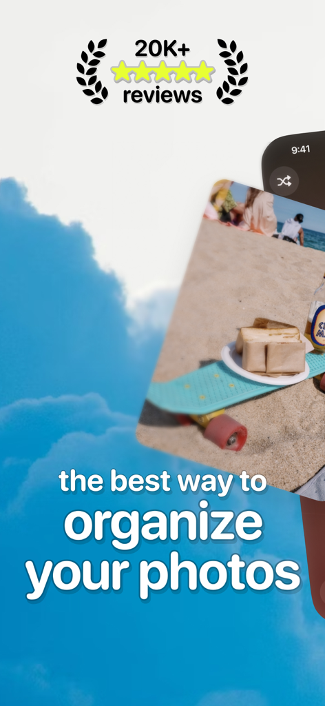 Photo Organizer: Picnic - Promotional screen for Photo Organizer Picnic showing over 20K five star reviews and the slogan the best way to organize your photos