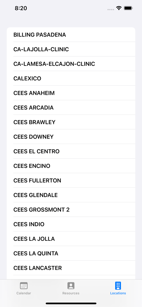 Carecloud Schedule - Carecloud Schedule app interface displaying a list of clinic locations