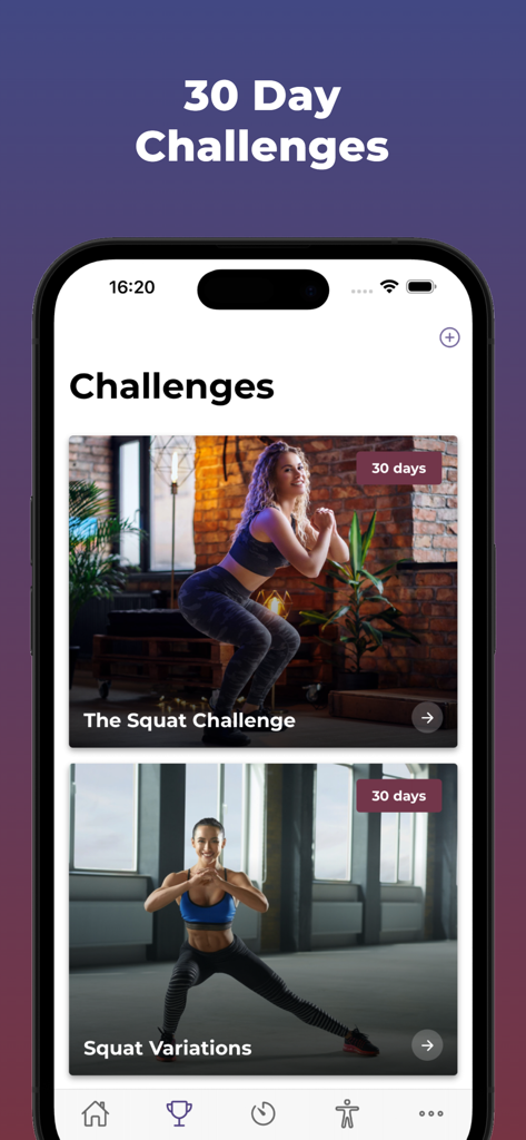 The 30 Day Squat Challenge - The 30 Day Squat Challenge app interface showing available fitness programs