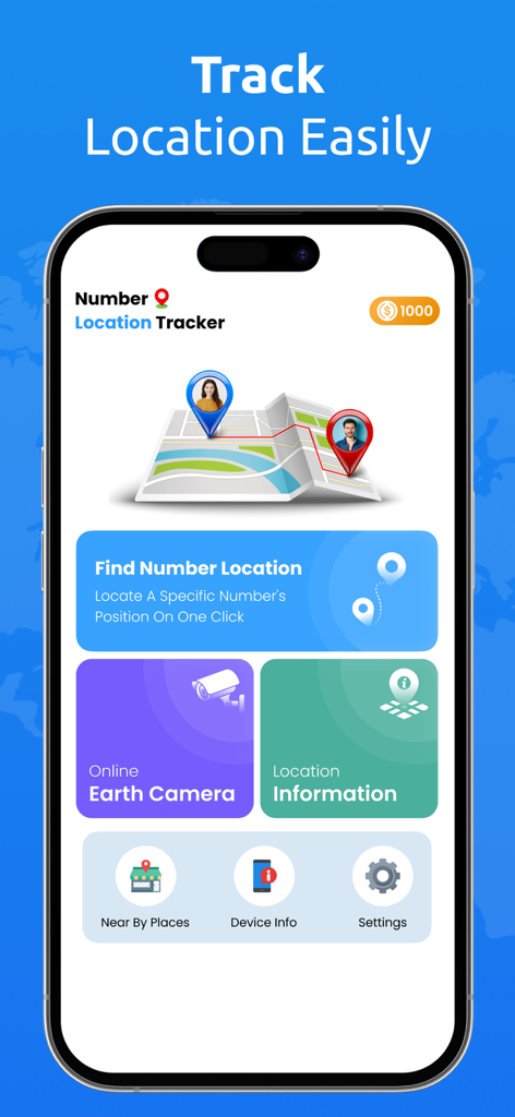 GPS Phone Location Map Tracker - The main dashboard of the GPS Phone Location Map Tracker app displaying options for number tracking, earth camera, and location information.