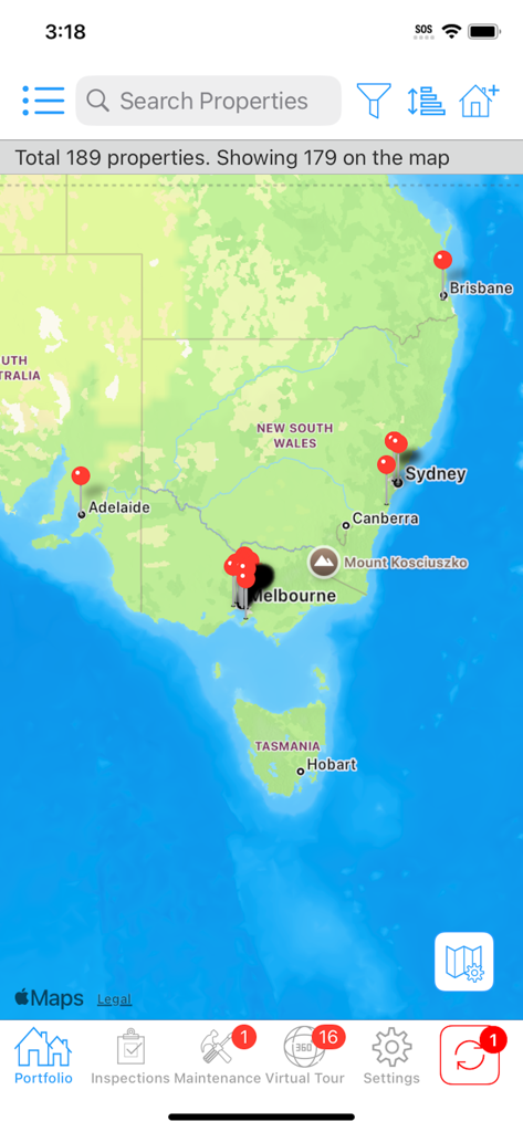 Map view of property locations in the Inspection Express mobile app