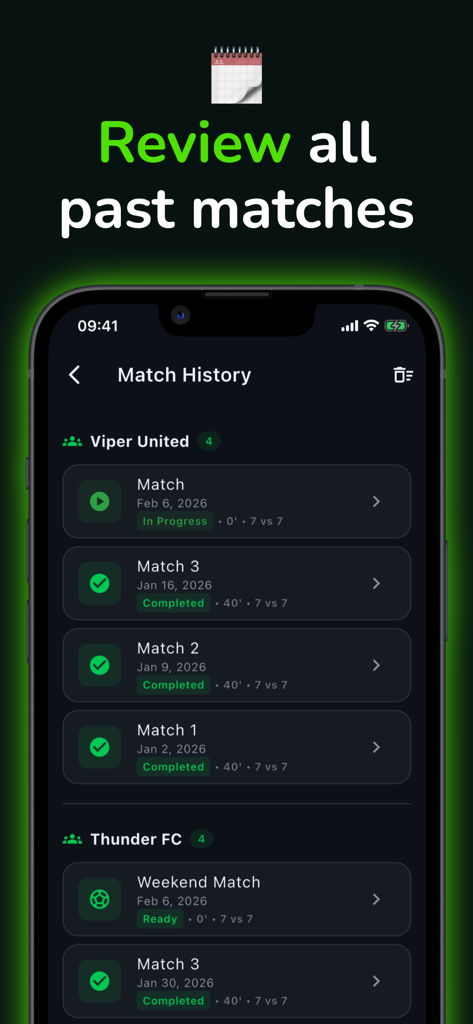 A mobile screen showing the Match History feature of the Koora Live app with a list of past soccer games for teams Viper United and Thunder FC