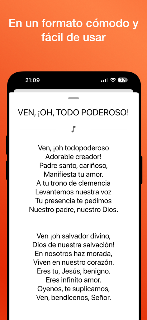 Himnario Pentecostal - Pantalla de la aplicación móvil que muestra letras de himnos en español en un formato fácil de leer