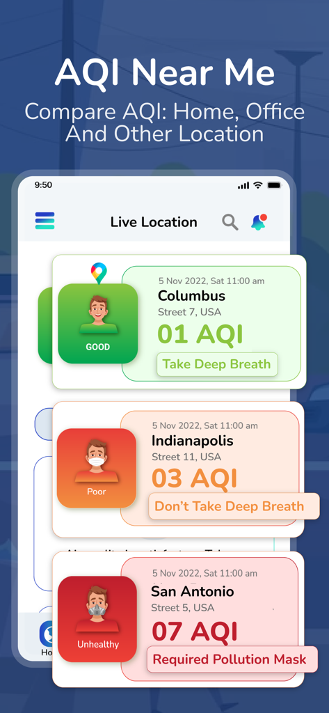 Comparison of air quality index and health recommendations for multiple cities in the Air Quality Near Me app