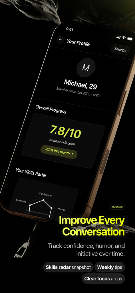 Hint AI: Dating Coach & Rizz - User profile screen in Hint AI dating coach app showing skill level and progress tracking