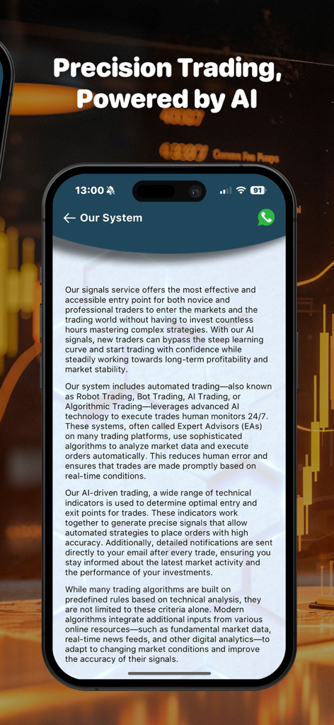 Forex AI Robot - Pantalla de la aplicación Forex AI Robot que muestra la explicación del sistema de trading de precisión potenciado por IA