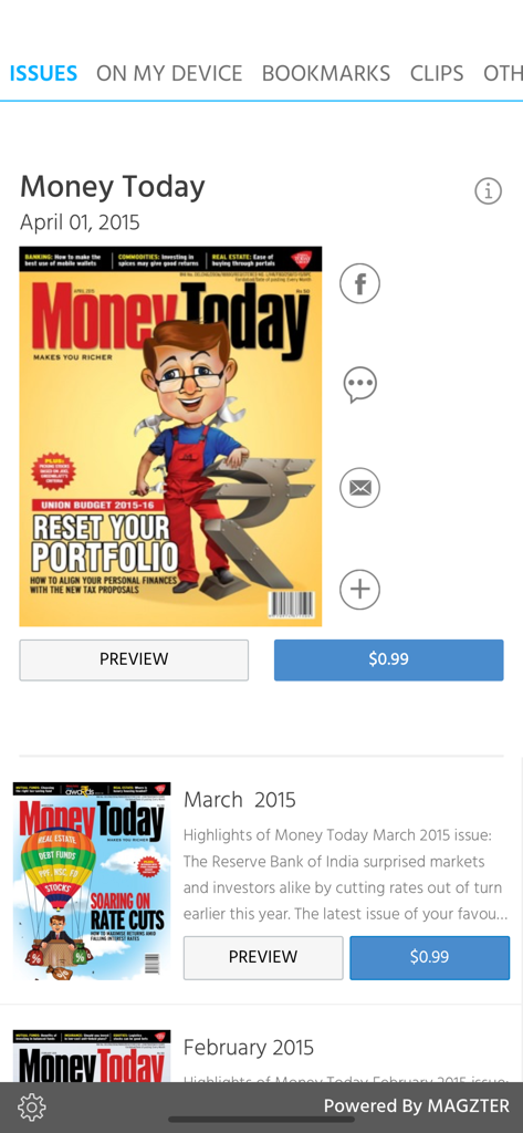 Money Today - Money Today mobile app interface showing a list of digital finance magazine issues available for purchase.