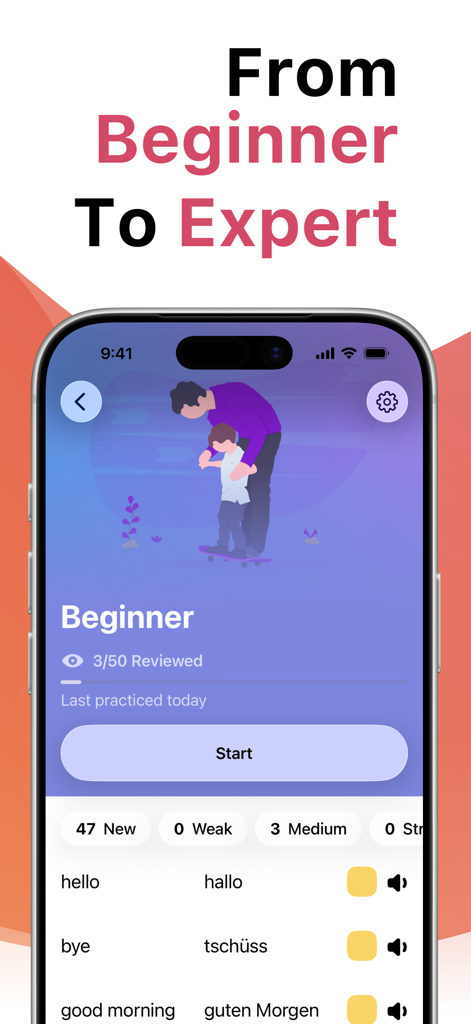 Interfaccia dell'app LENGO che mostra la pratica del vocabolario tedesco per principianti con monitoraggio dei progressi e un pulsante di avvio
