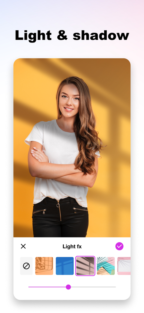 Background Eraser&Photo Editor - Un retrato de una mujer con efectos de sombra de ventana aplicados usando la herramienta Efectos de Luz en la aplicación.