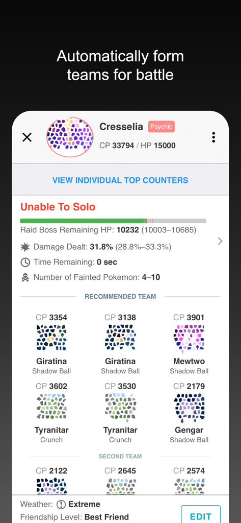 Interface do Simulador de Batalha do Poke Genie mostrando counters de Pokémon recomendados para uma batalha de raide