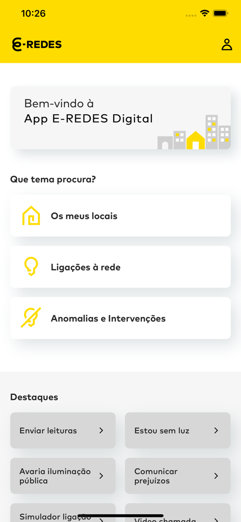E-REDES Digital - E-REDES Digital app home screen with Portuguese utility management options