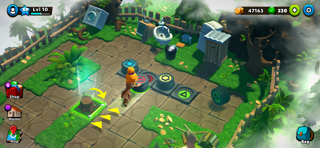 Mystery Town: Adventure games - A character solves a logic puzzle with geometric symbols in the 3D world of Mystery Town.