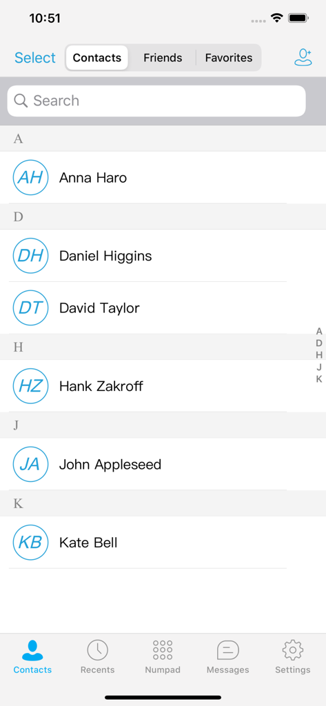 PortSIP UC - PortSIP UC mobile app contacts screen displaying a searchable list of professional business contacts