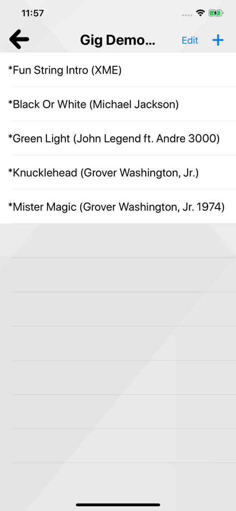 XME LOOPS - Interface of XME LOOPS app showing a gig demo playlist with songs by various artists.