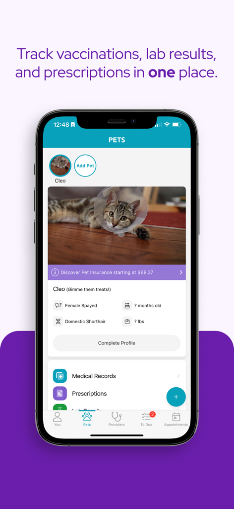 PetDesk - PetDesk app interface displaying a cat's profile with sections for medical records, prescriptions, and lab results