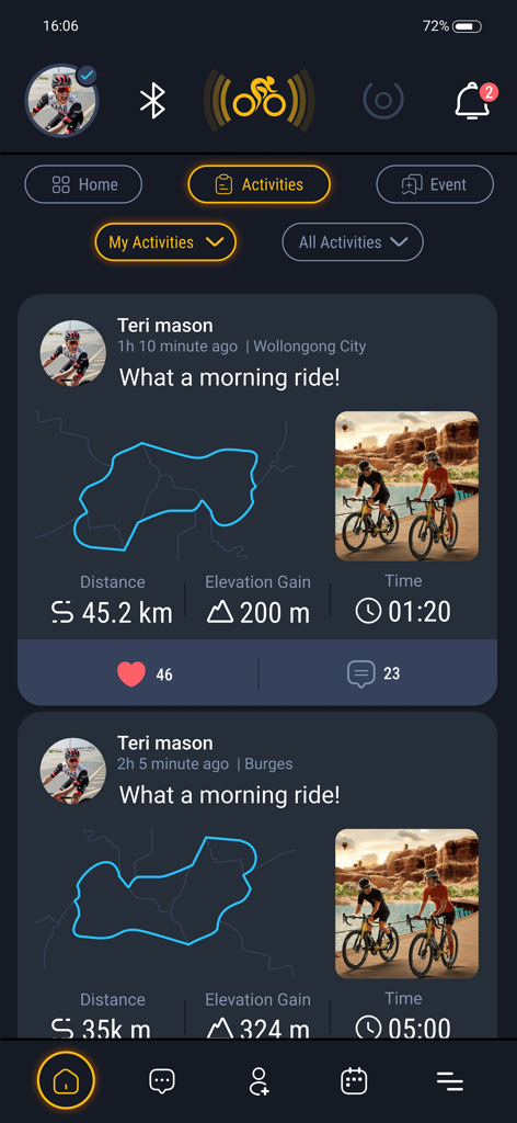 Une capture d'écran du flux d'activités de l'application MyWhoosh Link affichant les détails des entraînements cyclistes, y compris la distance, le dénivelé, le temps et les cartes d'itinéraire.
