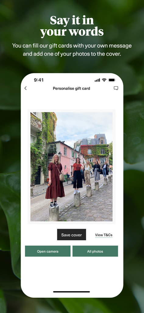Bloom and Wild app interface for adding a custom photo to a gift card