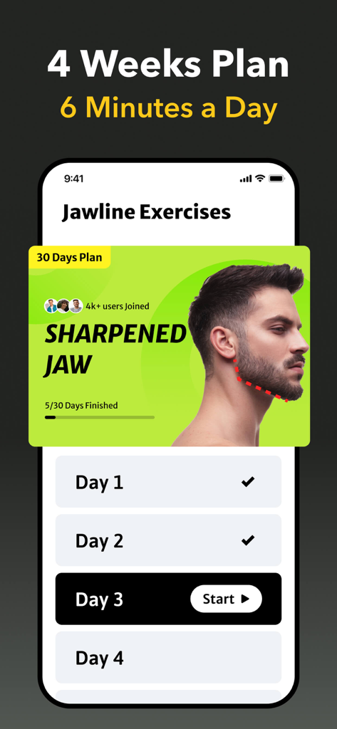 MewingCoach app interface showing a 30-day sharpened jaw exercise plan and daily progress tracking.