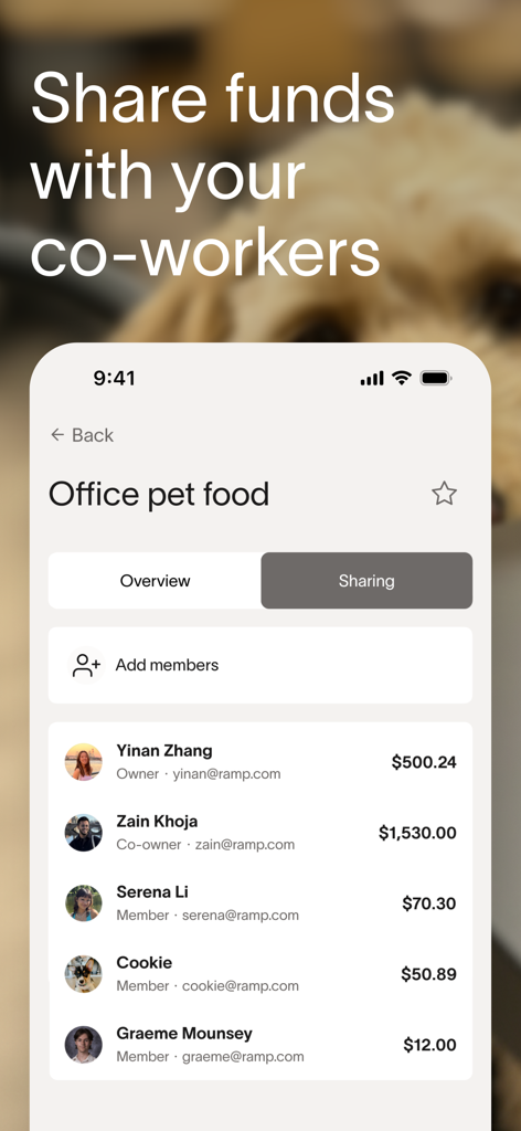 Ramp App-Oberfläche, die Mitarbeitern zeigt, wie sie Gelder für Bürokosten teilen