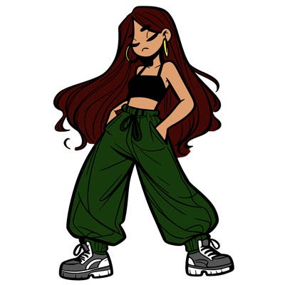girl in baggy pants crop top and long hair